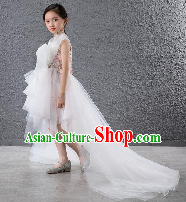 Children Stage Performance Catwalks Costume Compere Princess White Veil Trailing Full Dress for Girls Kids