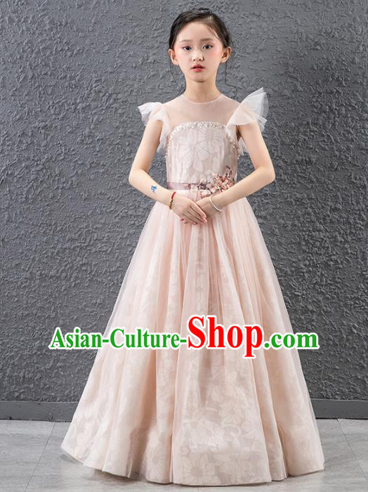 Children Catwalks Stage Performance Costume Compere Princess Pink Full Dress for Girls Kids