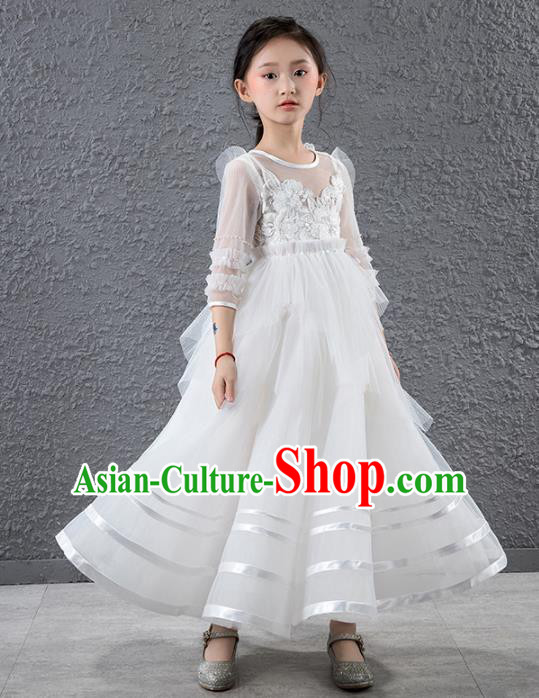 Children Catwalks Stage Performance Costume Compere Flowers Fairy White Veil Full Dress for Girls Kids