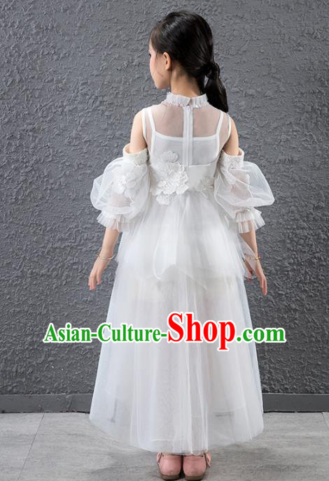 Children Catwalks Flowers Fairy Stage Performance Costume Compere White Veil Full Dress for Girls Kids