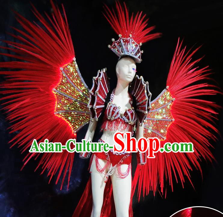 Halloween Stage Show Red Feather Samba Costumes Brazilian Carnival Parade Swimsuit and Wings for Women