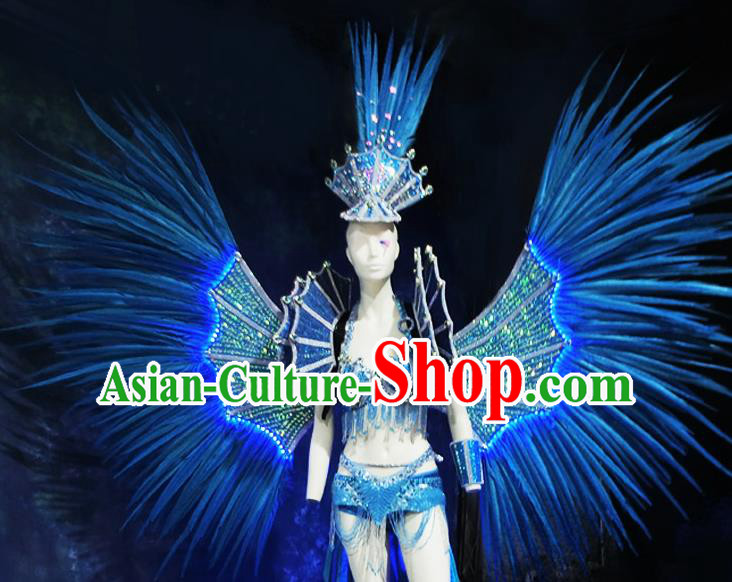 Halloween Stage Show Blue Feather Samba Costumes Brazilian Carnival Parade Swimsuit and Wings for Women