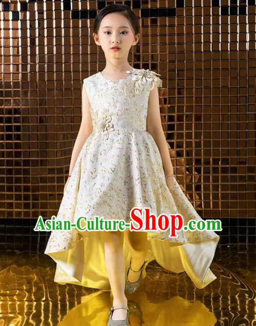 Children Catwalks Princess Costume Compere Stage Performance Beige Trailing Full Dress for Girls Kids