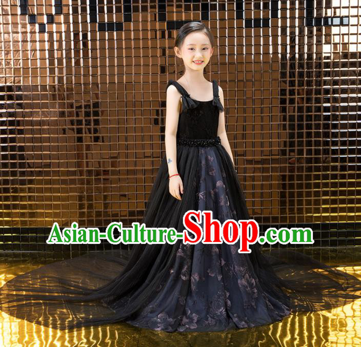 Children Catwalks Princess Costume Compere Stage Performance Black Veil Full Dress for Girls Kids