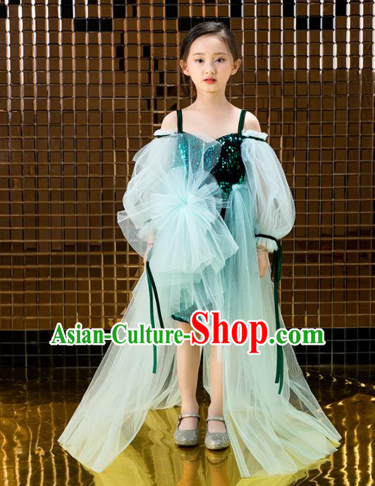 Children Catwalks Princess Costume Stage Performance Compere Green Veil Full Dress for Girls Kids
