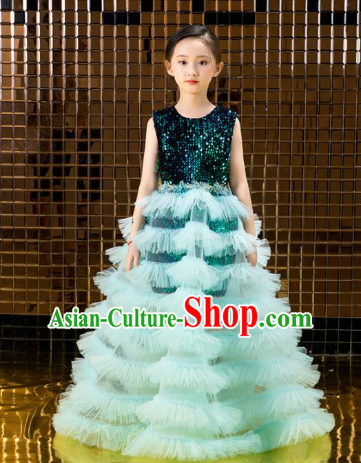 Children Catwalks Costume Stage Performance Compere Green Veil Bubble Full Dress for Girls Kids