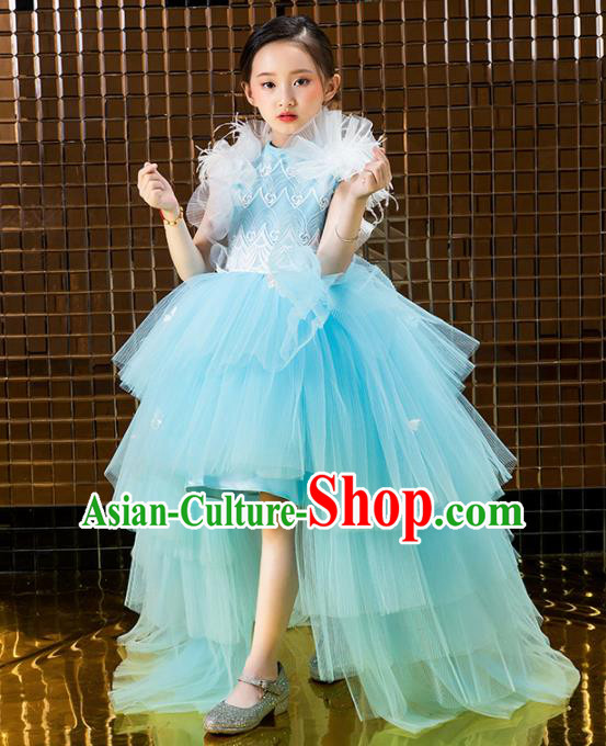 Children Catwalks Costume Stage Performance Compere Modern Dance Blue Veil Trailing Full Dress for Girls Kids