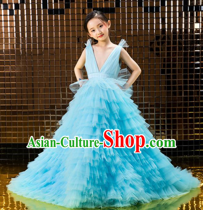 Children Catwalks Princess Costume Stage Performance Compere Modern Dance Blue Veil Full Dress for Girls Kids