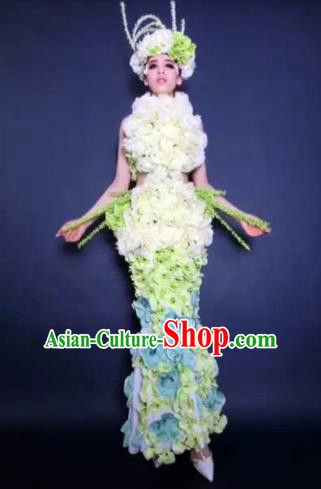 Brazilian Carnival Parade Halloween Costumes Catwalks Stage Show Green Flowers Dress and Headwear for Women
