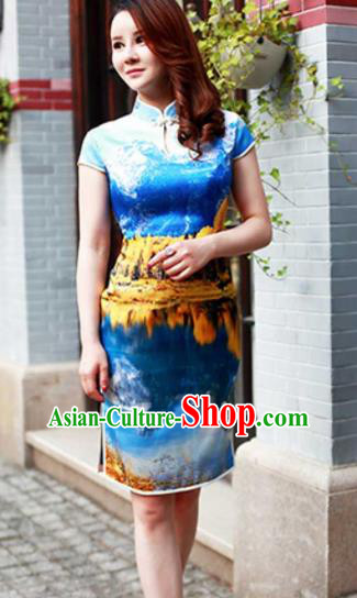 Chinese Traditional Mandarin Qipao Dress Blue Silk Cheongsam for Women