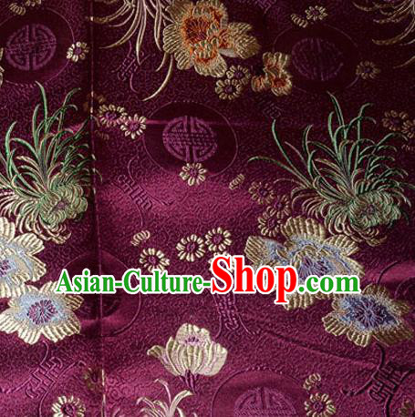 Asian Chinese Tang Suit Material Traditional Chrysanthemum Peony Pattern Design Purple Satin Brocade Silk Fabric