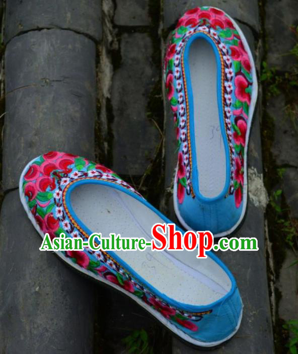 Chinese Traditional Hanfu Blue Shoes Ancient Princess Shoes Embroidered Shoes for Women