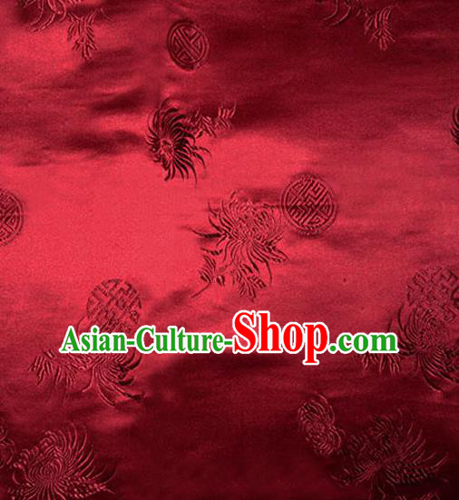 Asian Chinese Tang Suit Wine Red Brocade Material Traditional Longevity Chrysanthemum Pattern Design Satin Silk Fabric