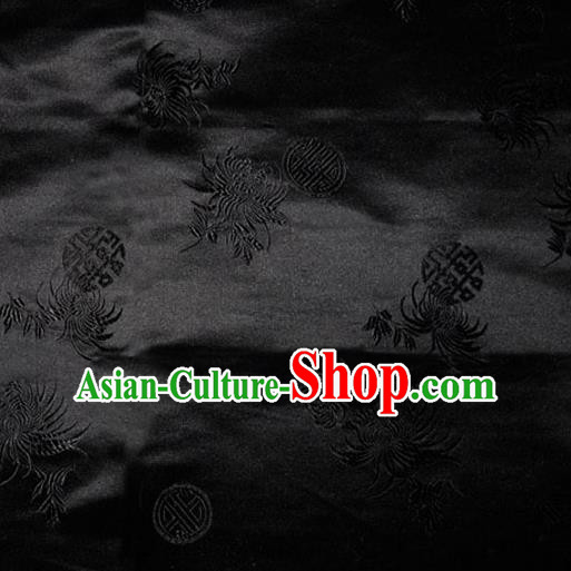 Asian Chinese Tang Suit Black Brocade Material Traditional Longevity Chrysanthemum Pattern Design Satin Silk Fabric