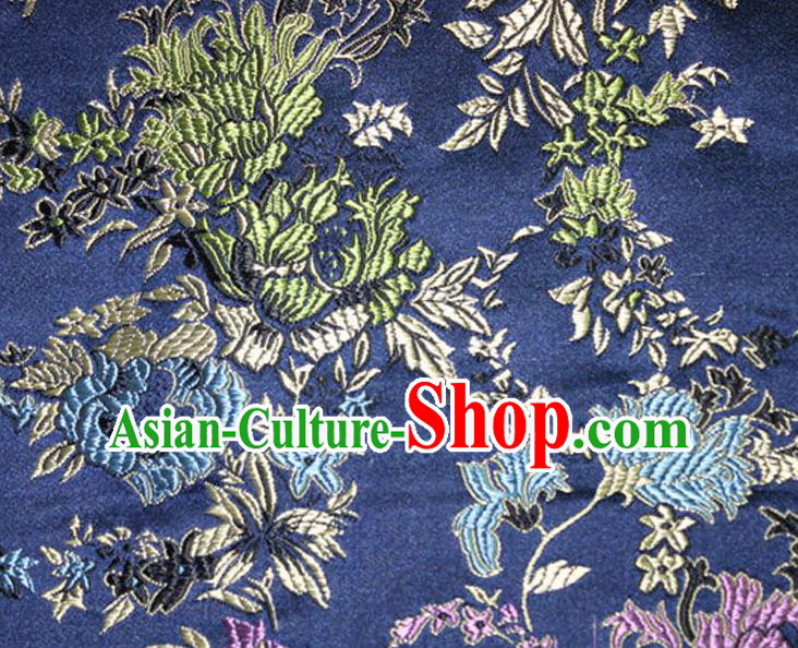 Asian Chinese Tang Suit Silk Fabric Navy Brocade Traditional Peony Pattern Design Satin Material