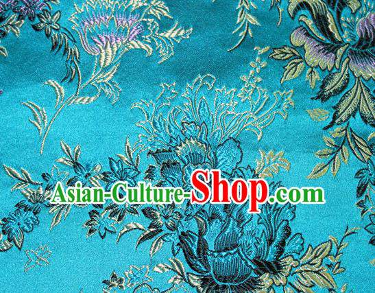 Asian Chinese Tang Suit Silk Fabric Blue Brocade Traditional Peony Pattern Design Satin Material