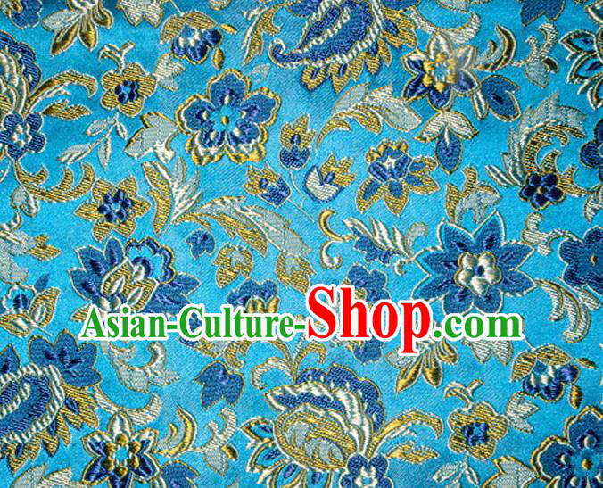 Asian Chinese Tang Suit Silk Fabric Blue Brocade Traditional Flowers Pattern Design Satin Material