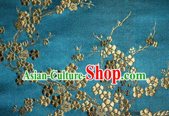 Asian Chinese Tang Suit Silk Fabric Peacock Blue Brocade Traditional Plum Blossom Pattern Design Satin Material