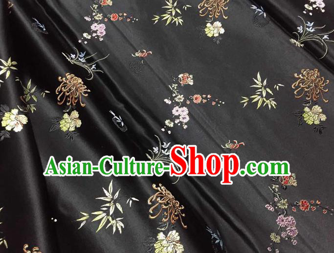 Asian Chinese Tang Suit Black Brocade Silk Fabric Traditional Plum Blossom Orchid Bamboo Chrysanthemum Pattern Design Satin Material