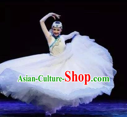 Chinese Traditional Classical Dance Costumes Umbrella Dance Folk Dance White Dress for Women