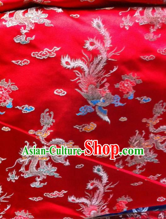 Asian Traditional Royal Dragon Phoenix Pattern Design Red Satin Material Chinese Tang Suit Brocade Silk Fabric