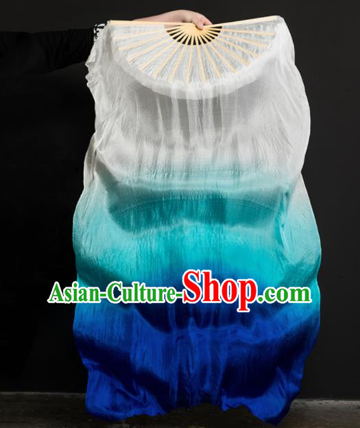 Chinese Traditional Folk Dance Props Gradient Blue Ribbon Silk Fans Folding Fans Yangko Fan