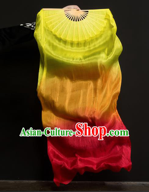 Chinese Traditional Folk Dance Props Gradient Yellow Ribbon Silk Fans Folding Fans Yangko Fan