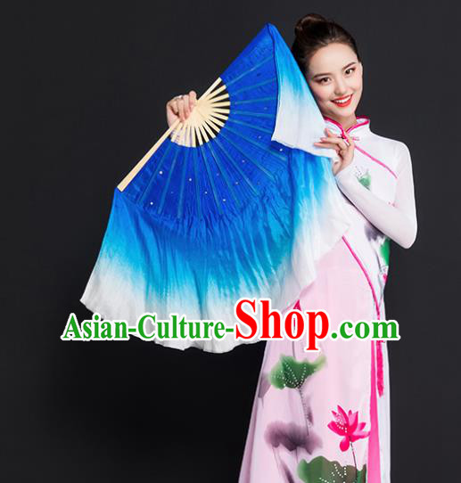 Chinese Traditional Folk Dance Props Double Sides Royalblue Ribbon Silk Fans Folding Fans Yangko Fan