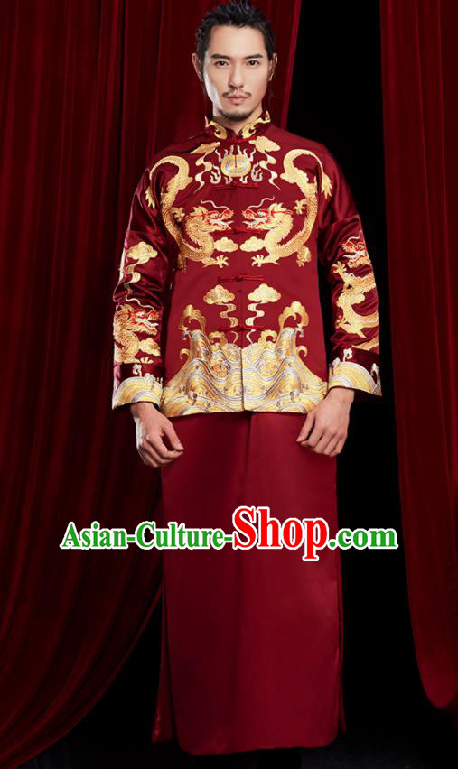 Chinese Traditional Wedding Costumes Tang Suit Bridegroom Embroidered Wine Red Clothing for Men