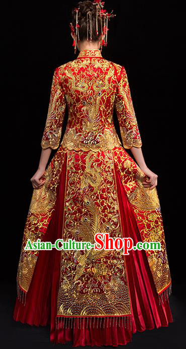Chinese Traditional Wedding Dress Red Diamante Xiuhe Suits Ancient Bride Handmade Embroidered Costumes for Women