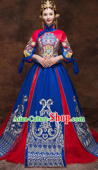 Chinese Traditional Blue Wedding Dress Ancient Bride Xiuhe Suits Handmade Embroidered Costumes for Women