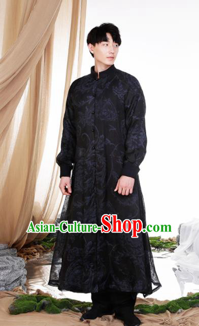 Chinese Traditional Tang Suit Costumes National Black Long Gown Overcoat for Men