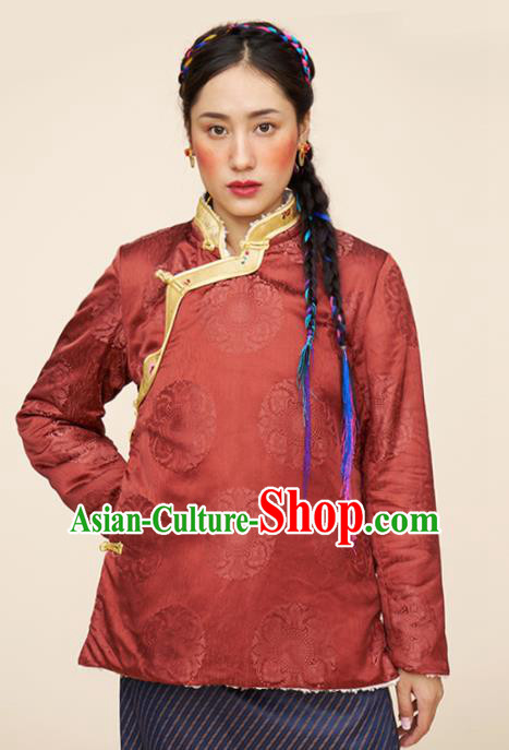 Traditional Chinese Zang Nationality Dance Costumes Ethnic Folk Dance Tibetan Red Jacket for Women