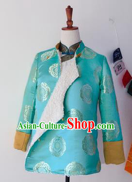 Traditional Chinese Zang Nationality Dance Costumes Tibetan Ethnic Folk Dance Blue Overcoat for Women