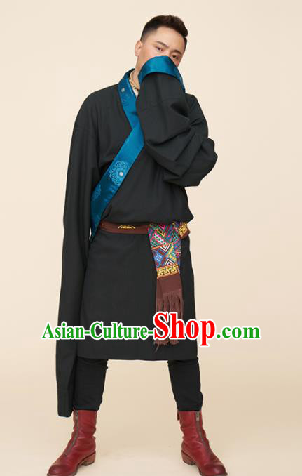 Traditional Chinese Zang Nationality Dance Costumes Black Tibetan Robe Folk Dance Ethnic Clothing for Men