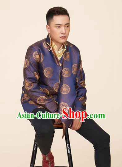 Traditional Chinese Zang Nationality Dance Costumes Tibetan Folk Dance Ethnic Blue Coat for Men