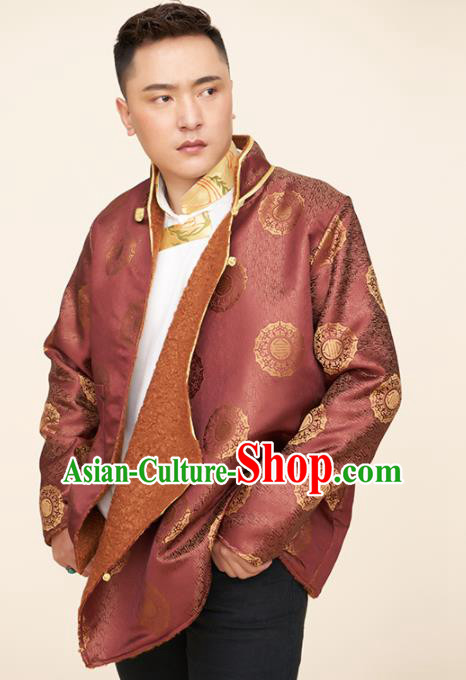 Traditional Chinese Zang Nationality Dance Costumes Tibetan Folk Dance Ethnic Wine Red Coat for Men