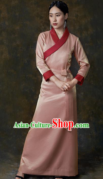 Traditional Chinese Zang Nationality Dance Costumes Pink Tibetan Robe Ethnic Folk Dance Dress for Women