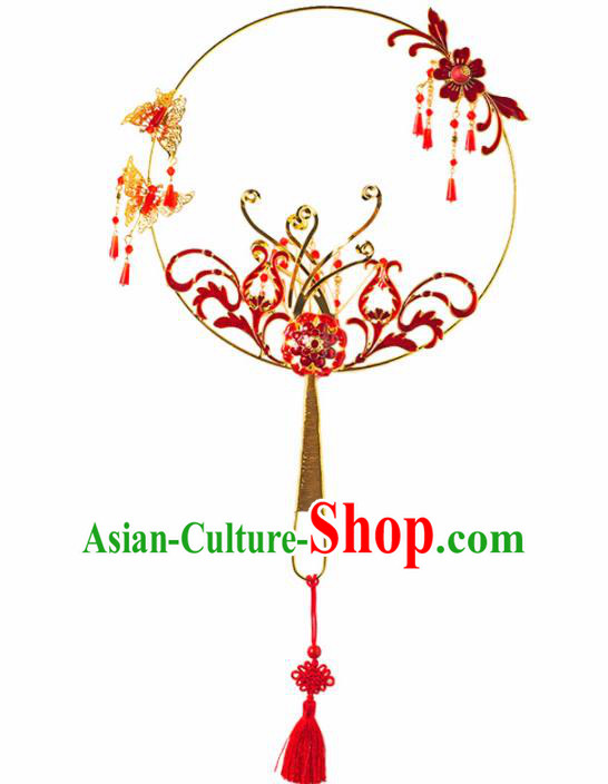 Chinese Ancient Wedding Accessories Bride Palace Fans Handmade Red Round Fan for Women
