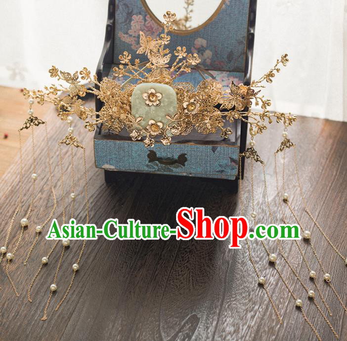Chinese Ancient Wedding Hair Accessories Bride Jade Phoenix Coronet Hairpins Headwear for Women