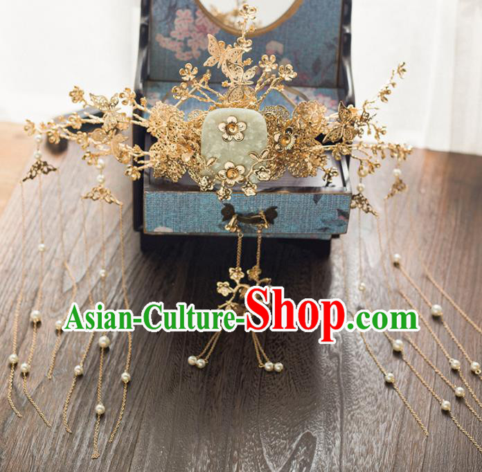 Chinese Ancient Wedding Hair Accessories Bride Jade Phoenix Coronet Hairpins Headwear for Women