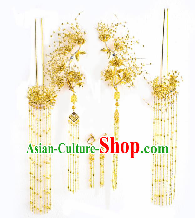 Chinese Ancient Wedding Hair Accessories Golden Tassel Step Shake Bride Hairpins Headwear for Women