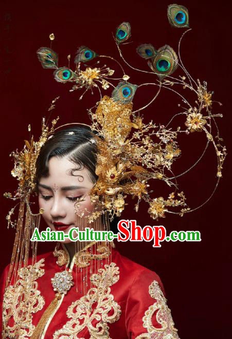 Chinese Ancient Bride Phoenix Coronet Wedding Hair Accessories Tassel Hairpins Feather Headwear for Women
