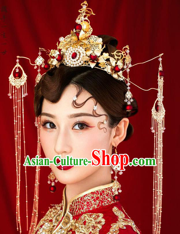 Chinese Ancient Bride Pearls Phoenix Coronet Wedding Hair Accessories Palace Hairpins Headwear for Women