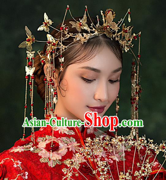 Chinese Ancient Bride Golden Butterfly Phoenix Coronet Wedding Hair Accessories Palace Hairpins Headwear for Women