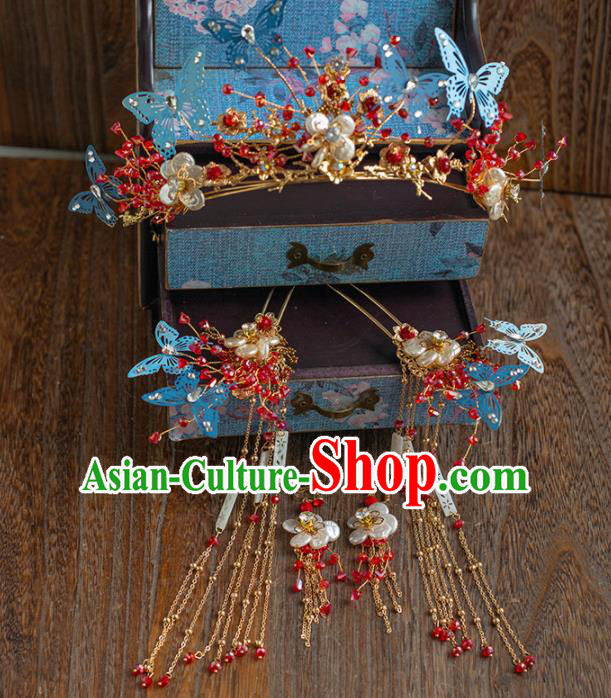 Chinese Ancient Wedding Blue Butterfly Hair Accessories Bride Phoenix Coronet Tassel Hairpins Headwear for Women