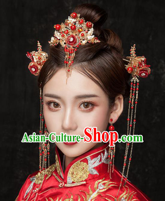 Chinese Ancient Palace Bride Hair Accessories Wedding Red Phoenix Coronet Hairpins Headwear for Women