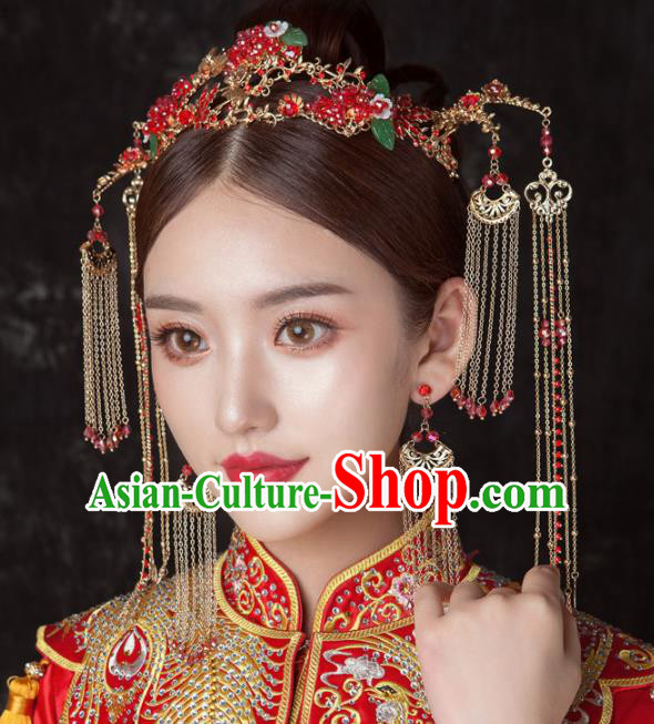 Chinese Ancient Palace Bride Hair Accessories Wedding Red Grape Phoenix Coronet Hairpins Headwear for Women