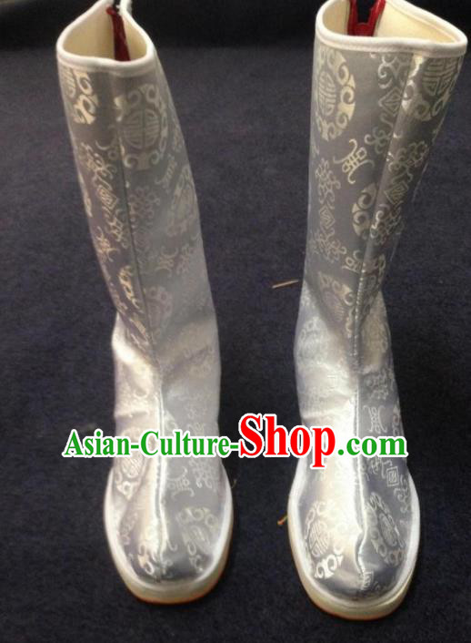 Chinese Traditional Shoes Ancient Emperor Beijing Opera Grey Boots Hanfu Satin Boots for Men