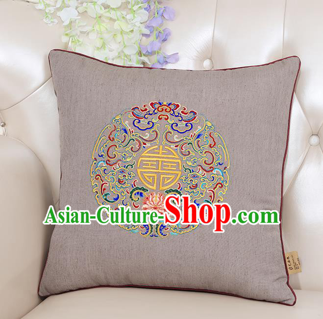 Chinese Classical Household Ornament Traditional Handmade Embroidered Khaki Linen Cushion
